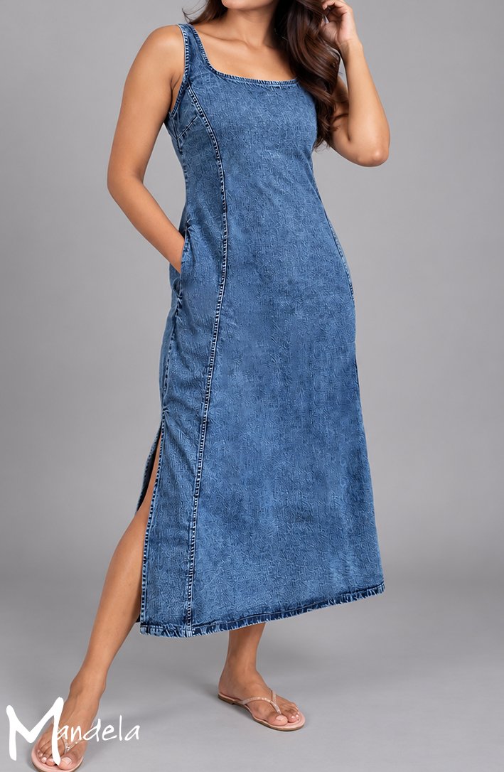 Blue Acid-Wash Denim Midi Dress